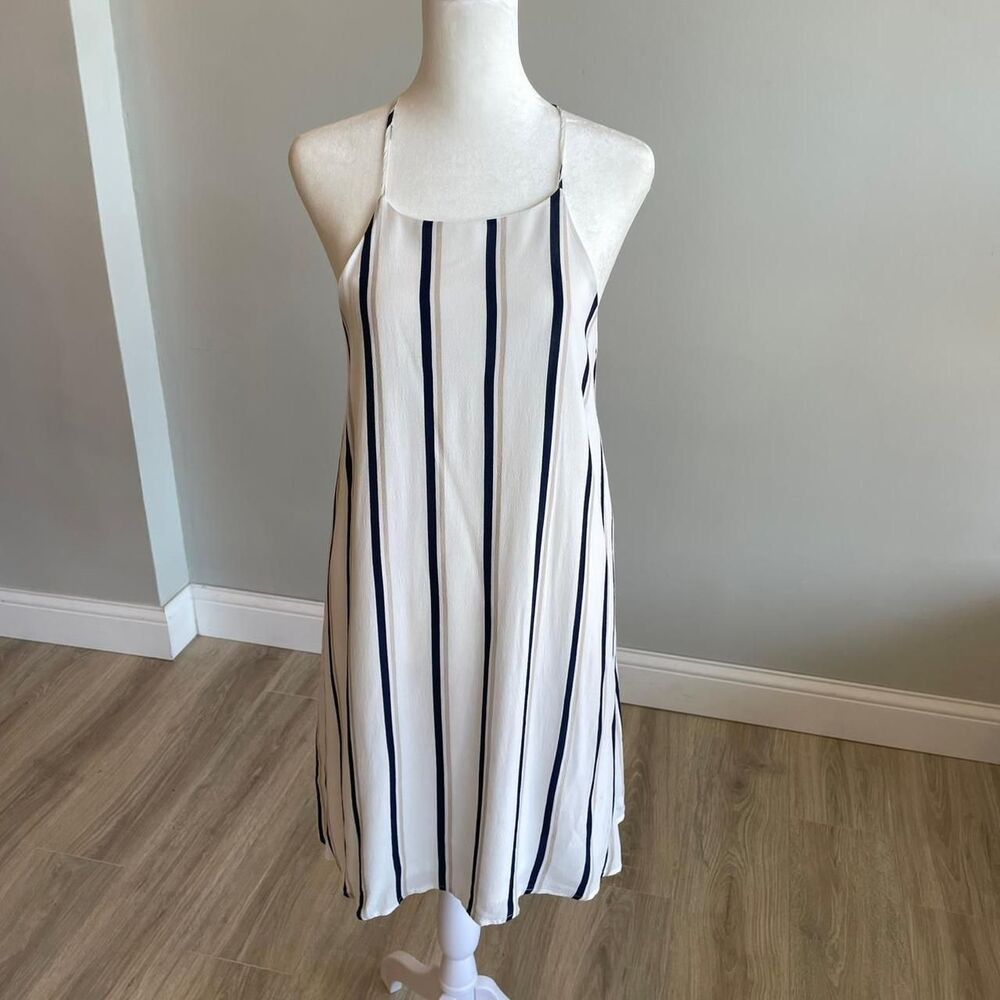 Fab'rik Boutique Women's Medium Silk Blend White & Navy Striped Dress Easter